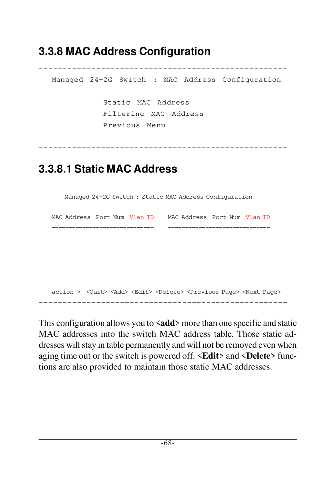 KTI Networks KS-2260 operation manual MAC Address Configuration, Static MAC Address 