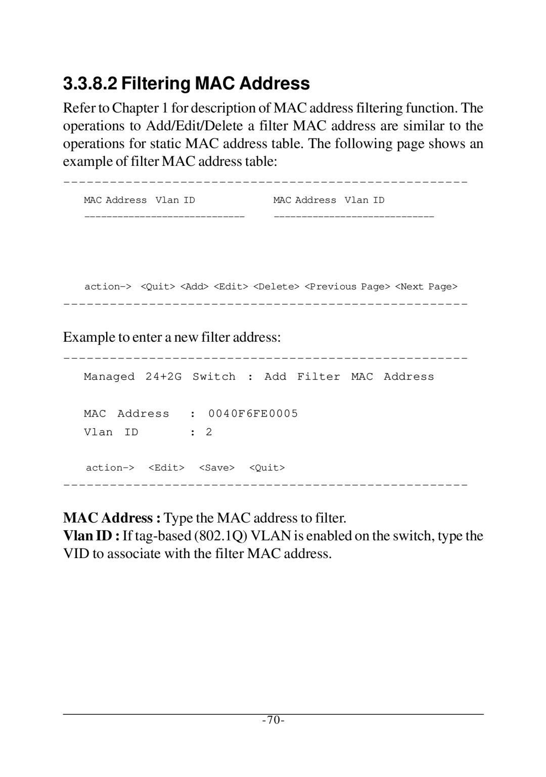 KTI Networks KS-2260 operation manual Filtering MAC Address, Example to enter a new filter address 