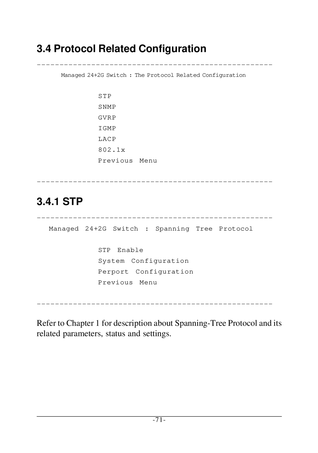 KTI Networks KS-2260 operation manual Protocol Related Configuration, 1 STP 