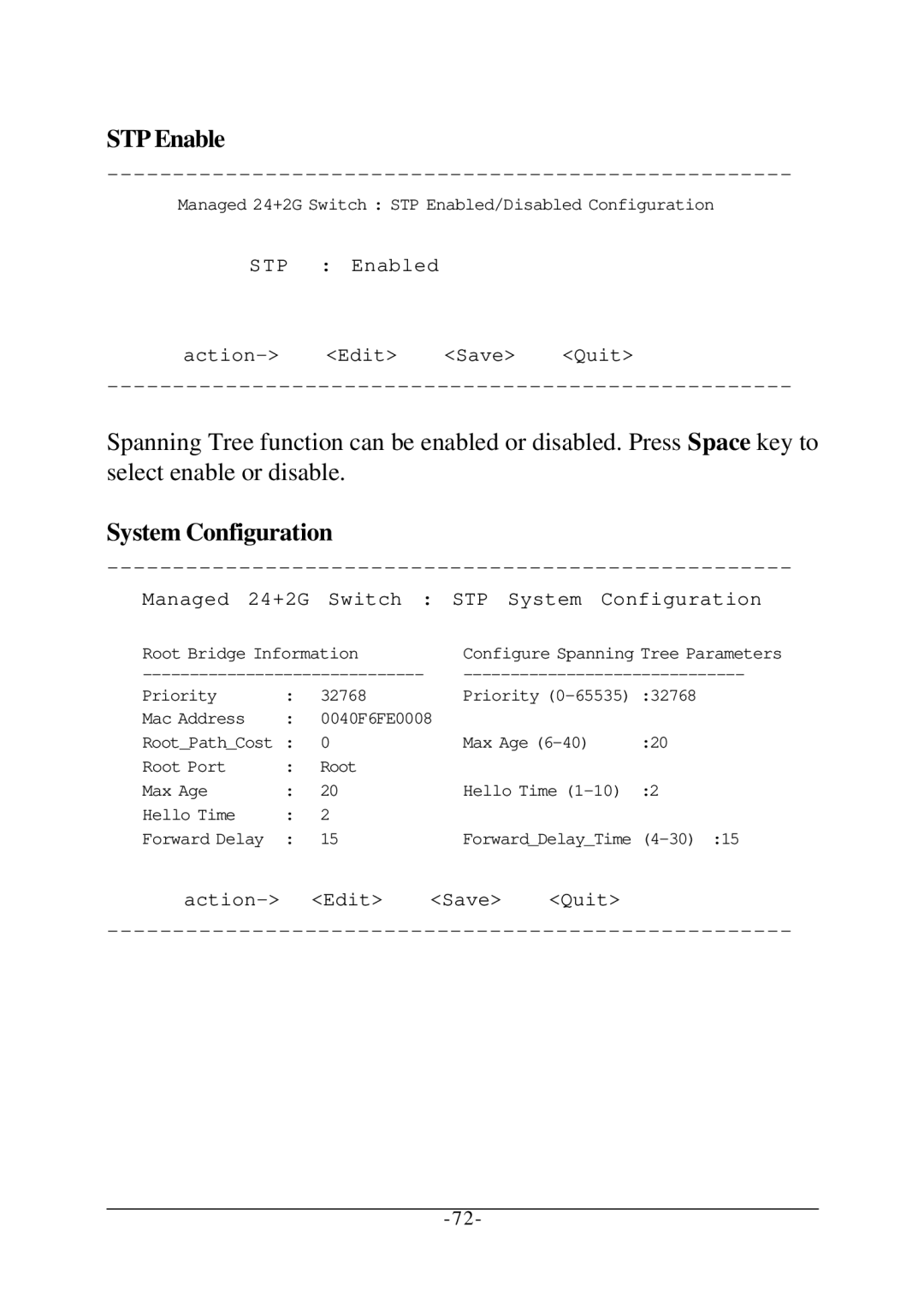 KTI Networks KS-2260 operation manual STP Enable, System Configuration 