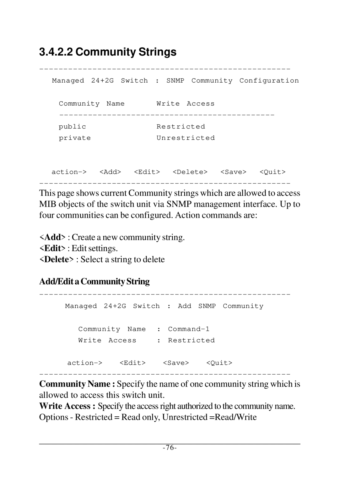 KTI Networks KS-2260 operation manual Community Strings, Add/Edit a Community String 