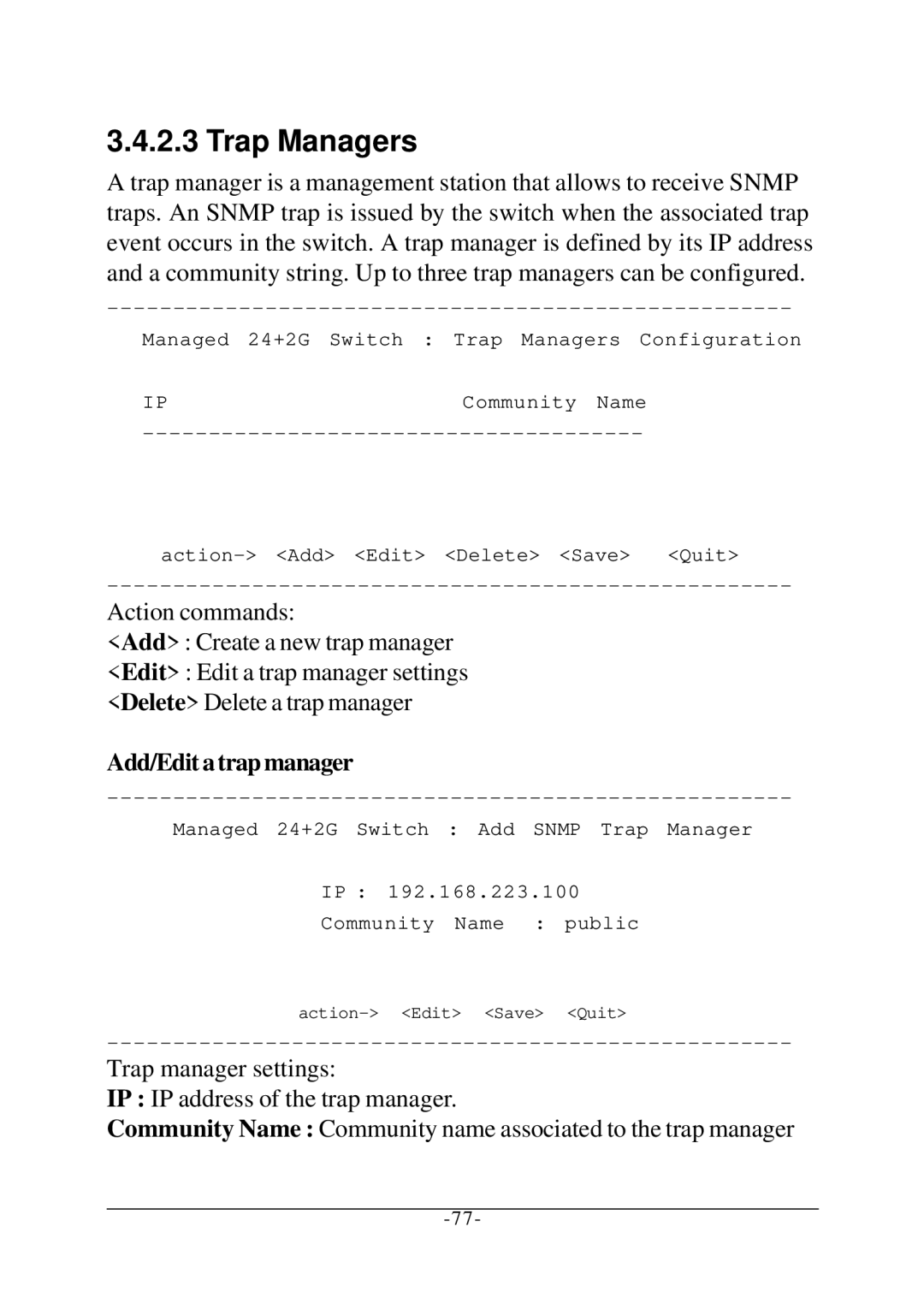 KTI Networks KS-2260 operation manual Trap Managers, Add/Edit a trap manager 