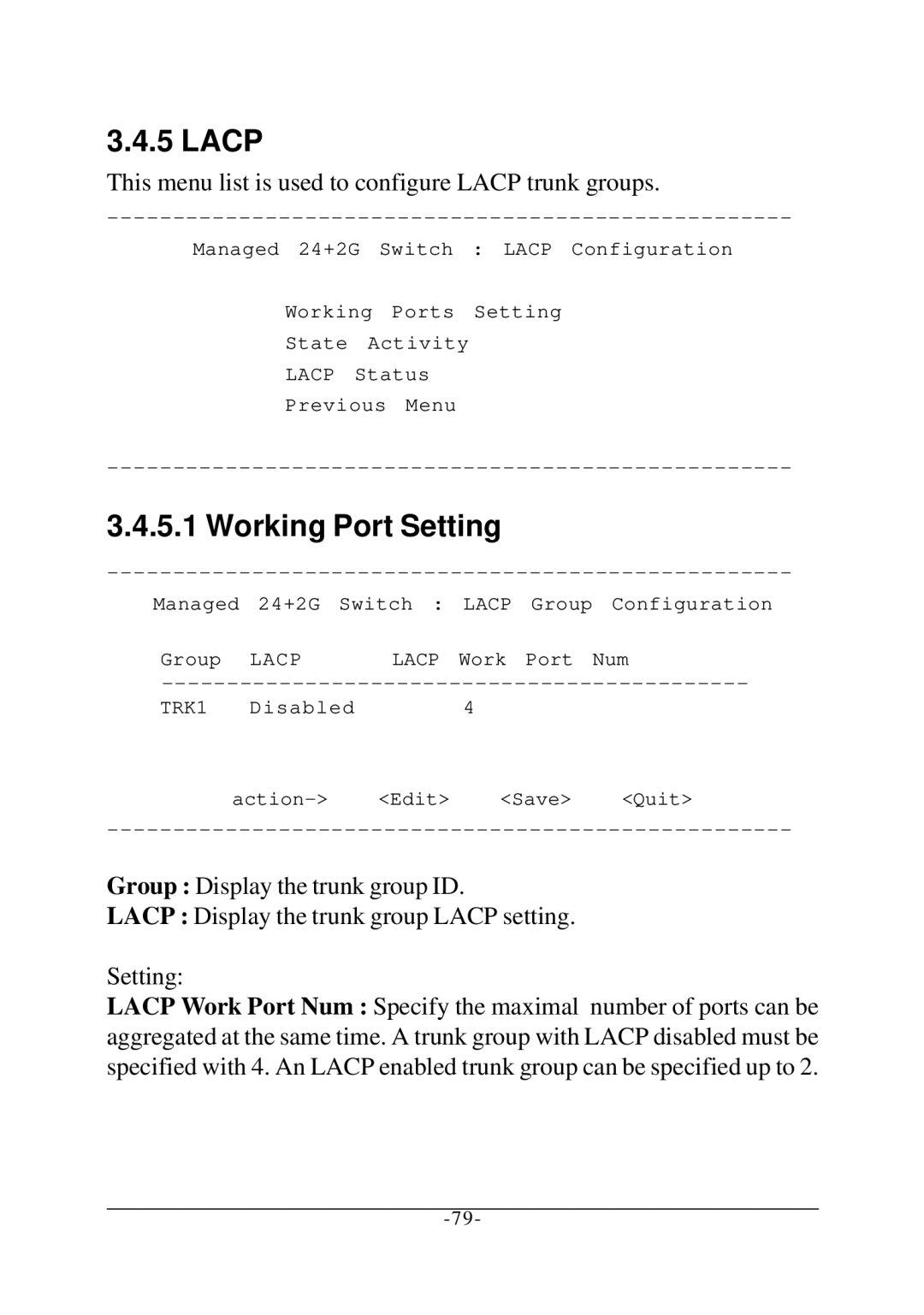 KTI Networks KS-2260 operation manual Lacp, Working Port Setting 