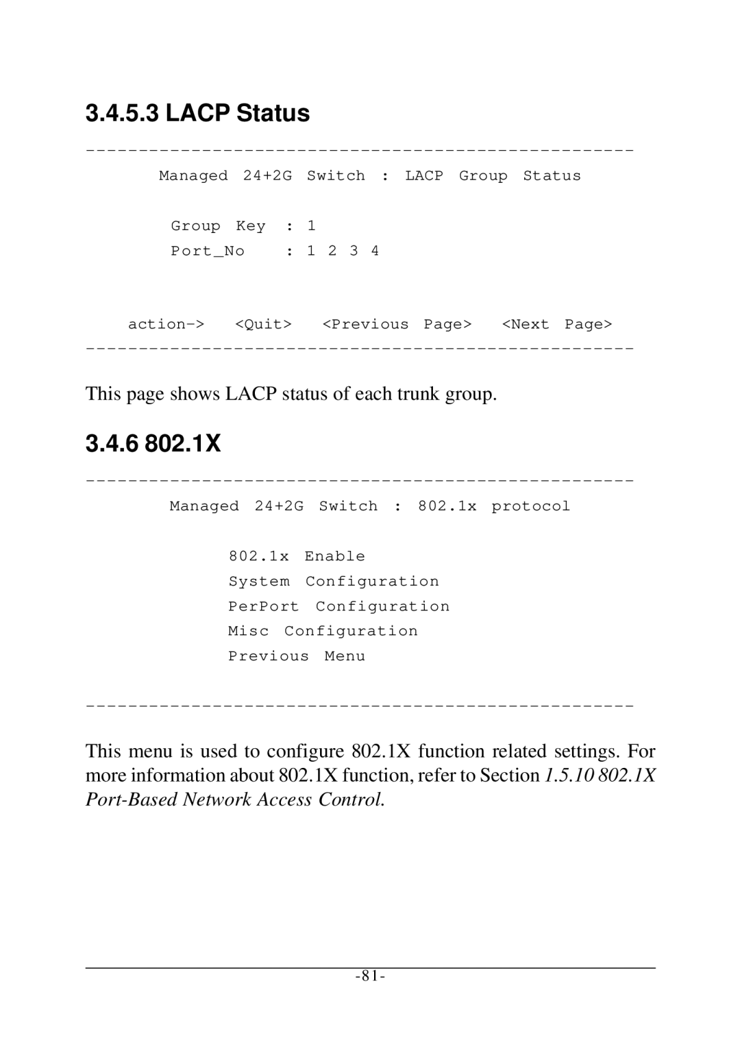 KTI Networks KS-2260 operation manual Lacp Status, This page shows Lacp status of each trunk group 