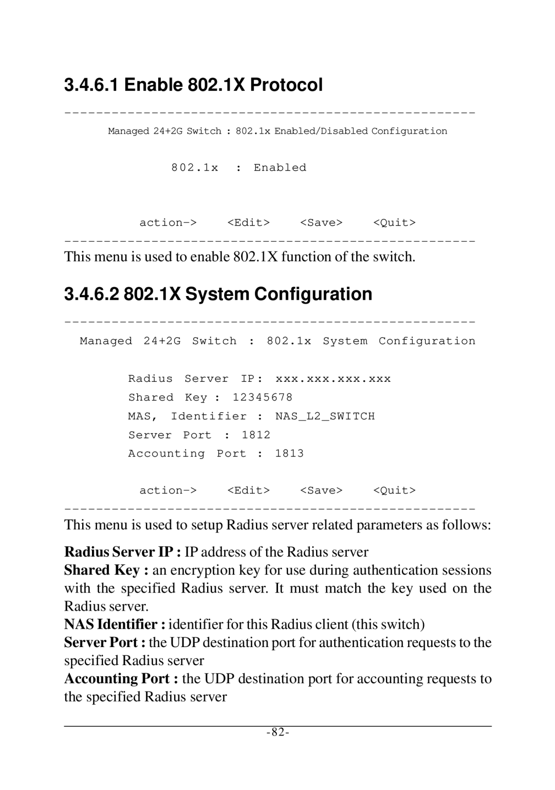 KTI Networks KS-2260 operation manual Enable 802.1X Protocol, 6.2 802.1X System Configuration 