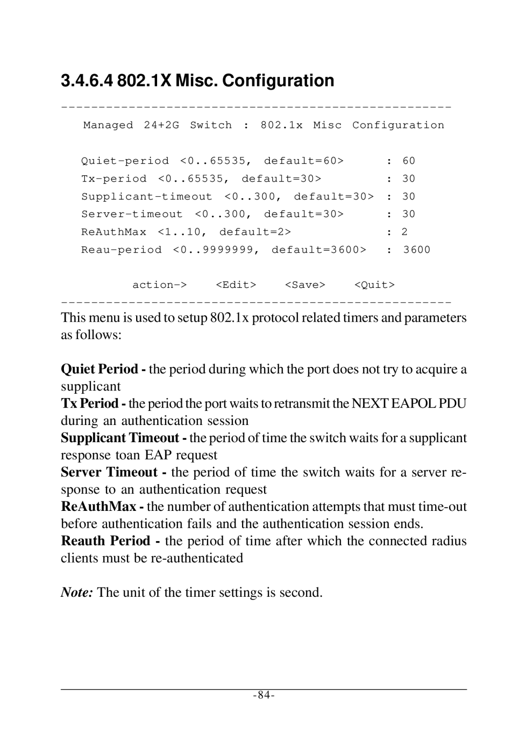 KTI Networks KS-2260 operation manual 6.4 802.1X Misc. Configuration, Managed 24+2G Switch 802.1x Misc Configuration 