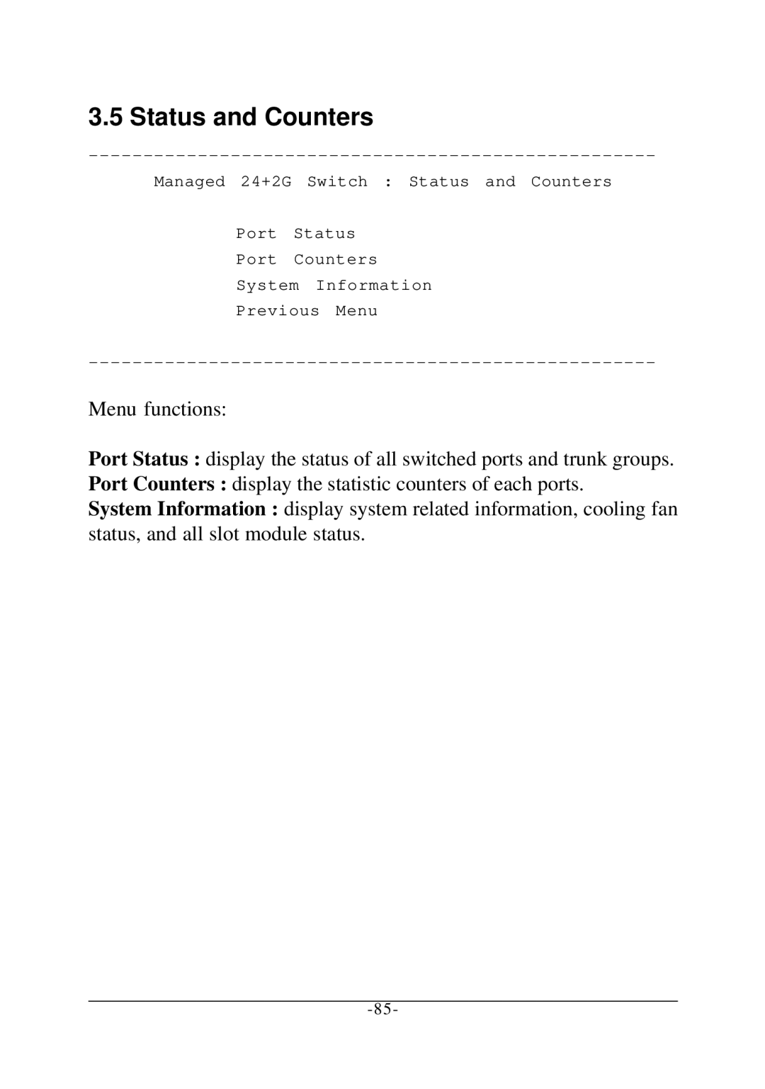 KTI Networks KS-2260 operation manual Status and Counters 