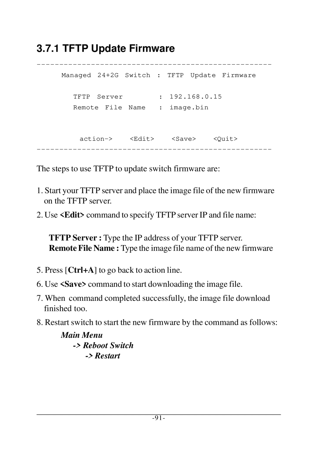 KTI Networks KS-2260 operation manual Main Menu Reboot Switch Restart 