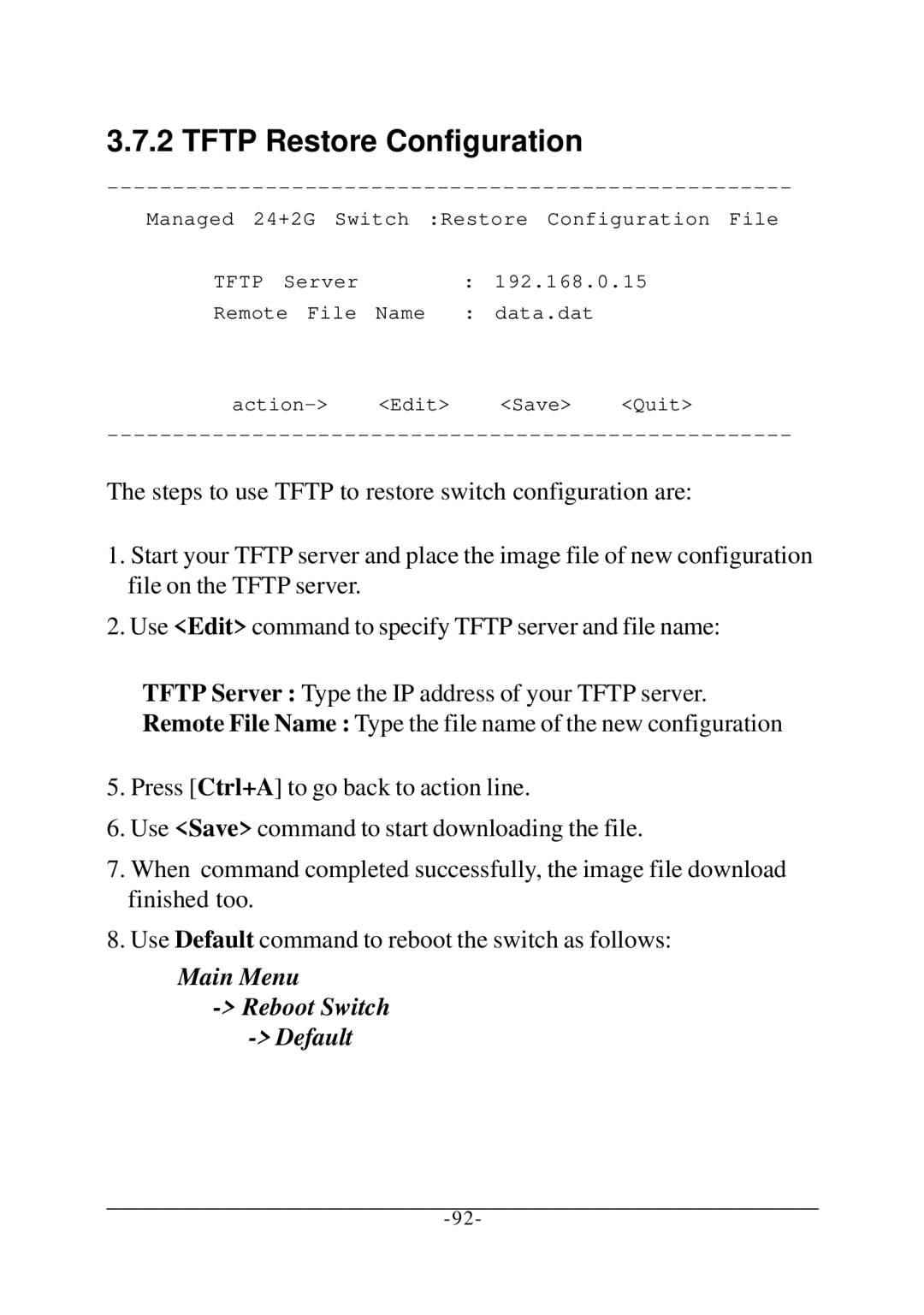 KTI Networks KS-2260 operation manual Tftp Restore Configuration 
