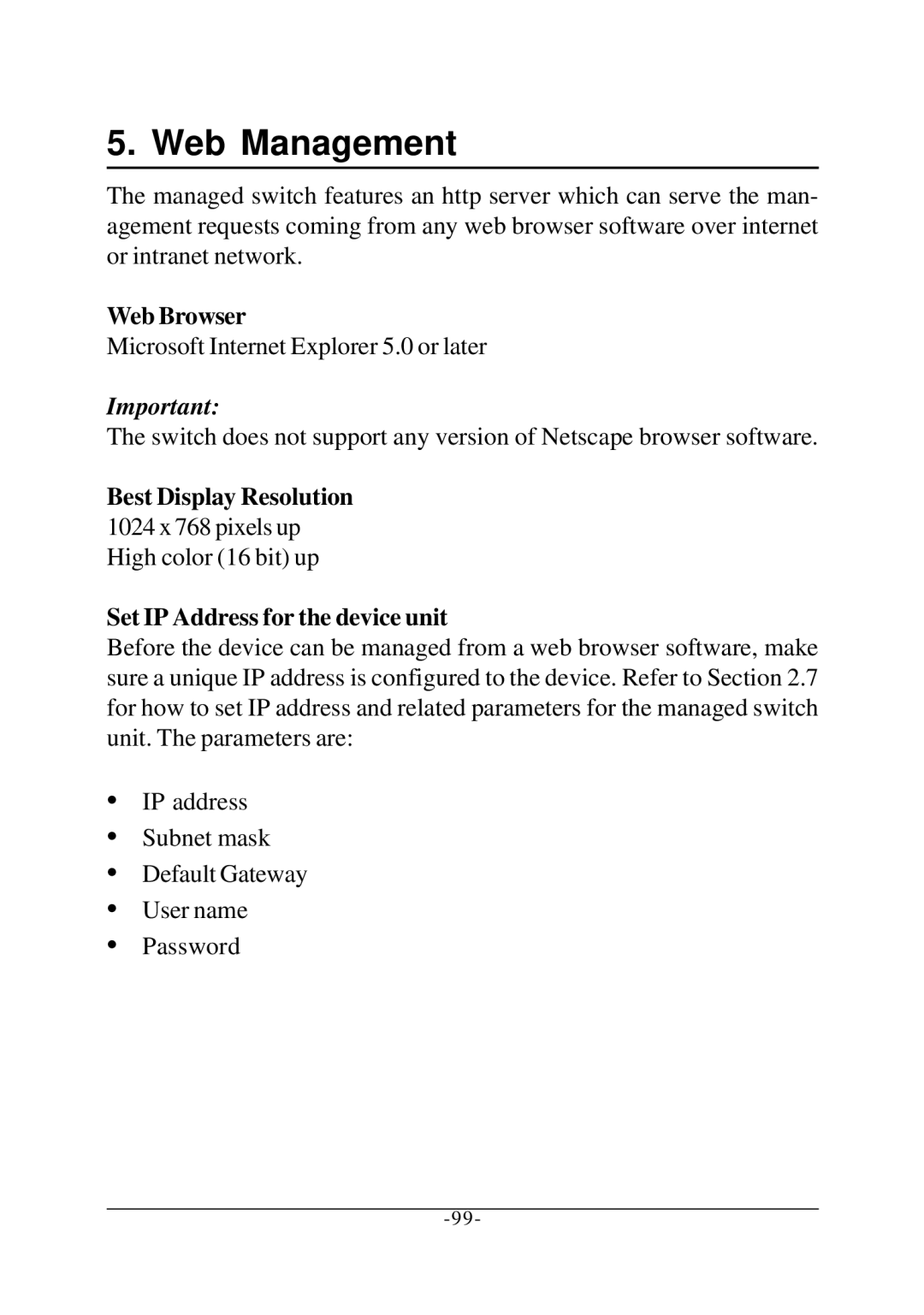 KTI Networks KS-2260 operation manual Web Browser, Best Display Resolution, Set IP Address for the device unit 