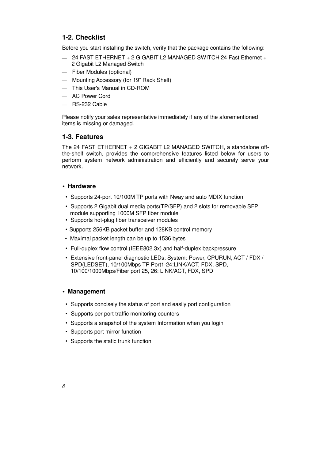 KTI Networks KS-2262 user manual Checklist, Features, Hardware, Management 