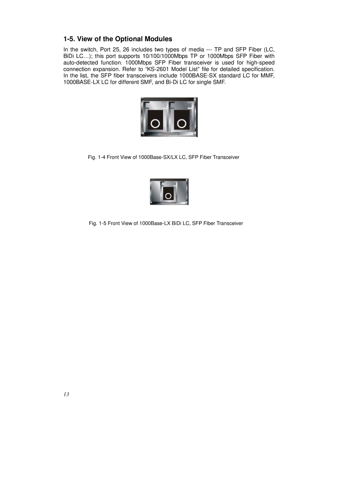 KTI Networks KS-2262 user manual View of the Optional Modules, Front View of 1000Base-SX/LX LC, SFP Fiber Transceiver 