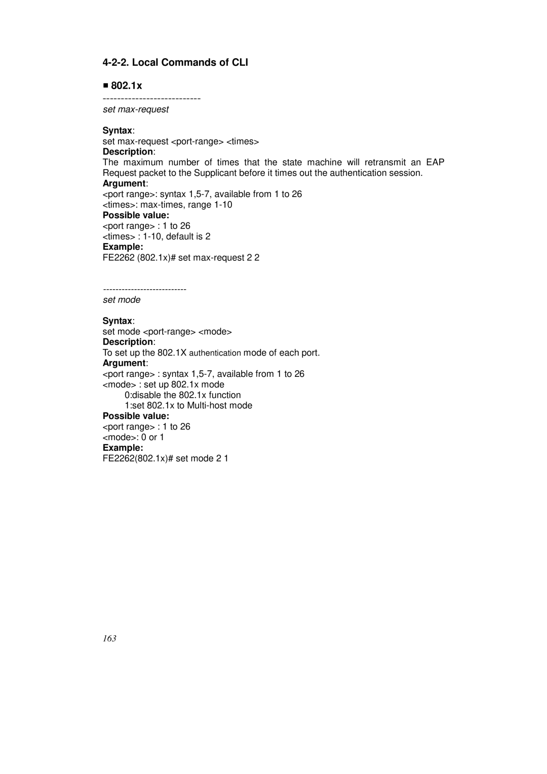 KTI Networks KS-2262 user manual Local Commands of CLI 802.1x, Possible value port range 1 to 26 mode 0 or Example 