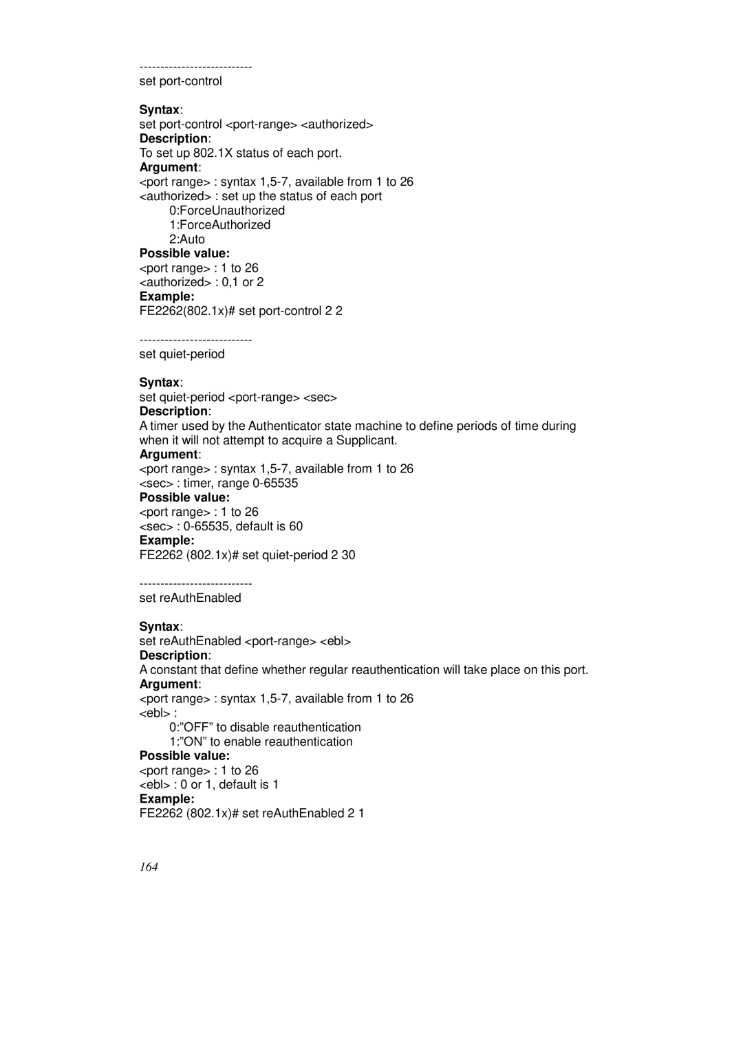 KTI Networks KS-2262 user manual Possible value port range 1 to 26 authorized 0,1 or Example 