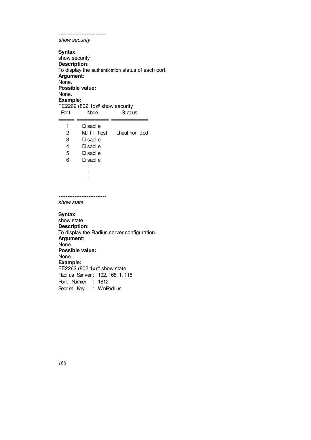 KTI Networks KS-2262 user manual Syntax show security Description, Syntax show state Description 