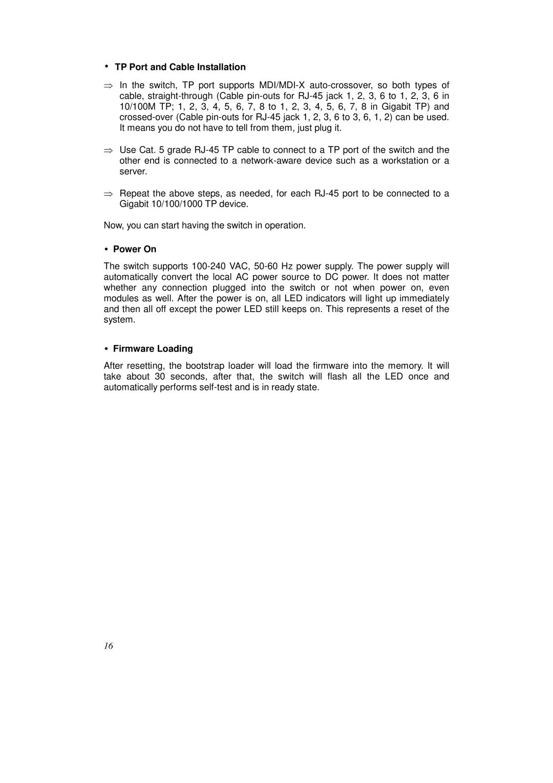 KTI Networks KS-2262 user manual TP Port and Cable Installation, Power On, Firmware Loading 