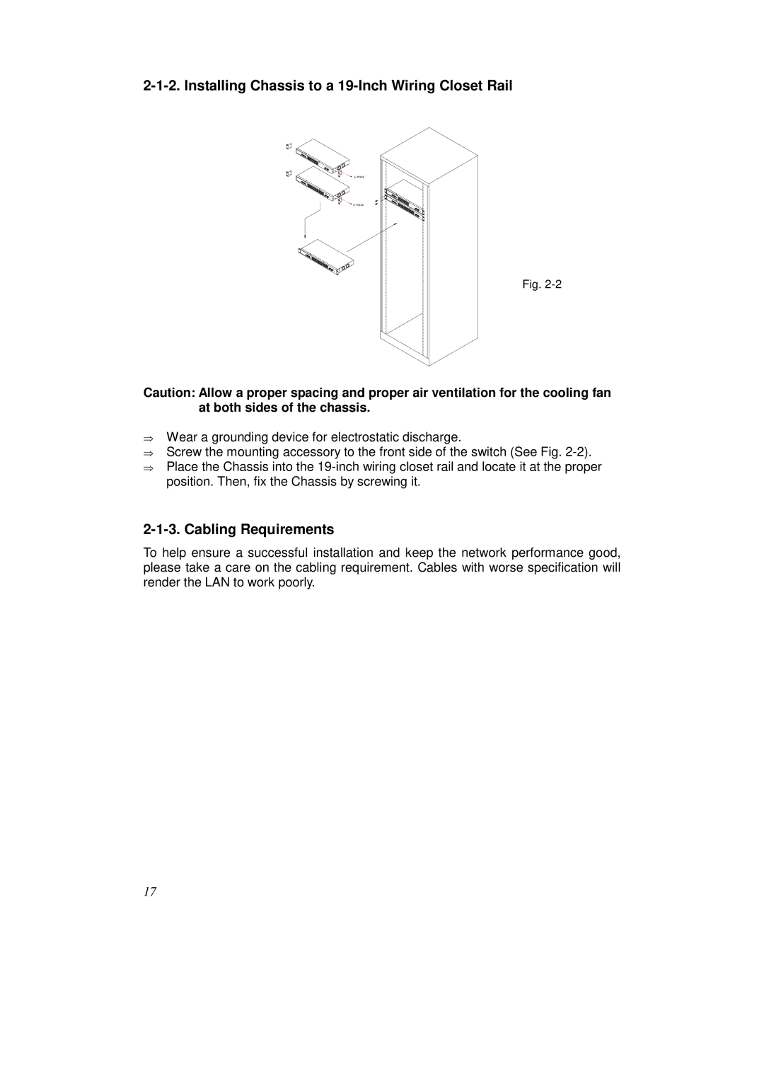 KTI Networks KS-2262 user manual Installing Chassis to a 19-Inch Wiring Closet Rail, Cabling Requirements 