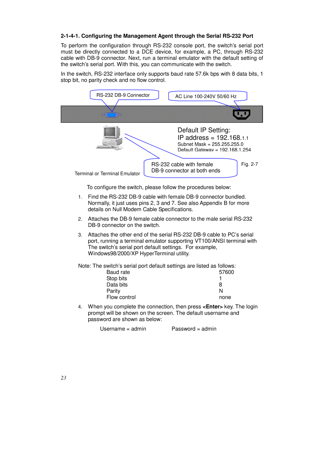 KTI Networks KS-2262 user manual Default IP Setting IP address = 