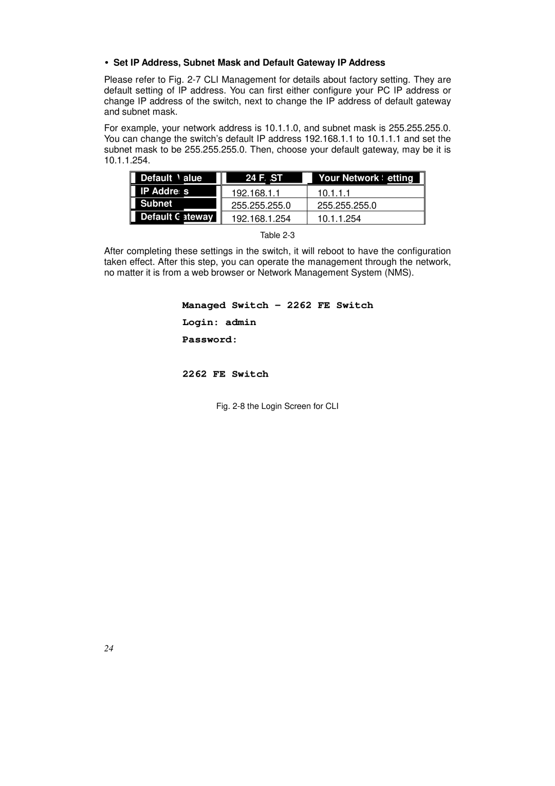 KTI Networks KS-2262 user manual Set IP Address, Subnet Mask and Default Gateway IP Address, 192.168.1.254 10.1.1.254 