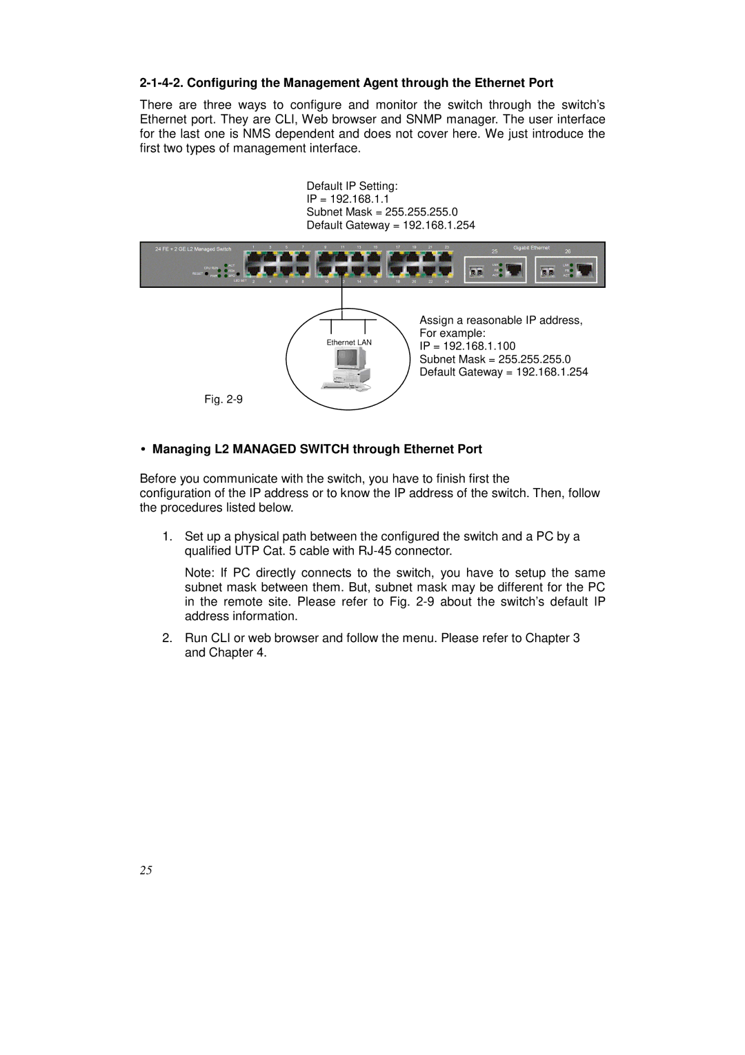 KTI Networks KS-2262 user manual Configuring the Management Agent through the Ethernet Port 