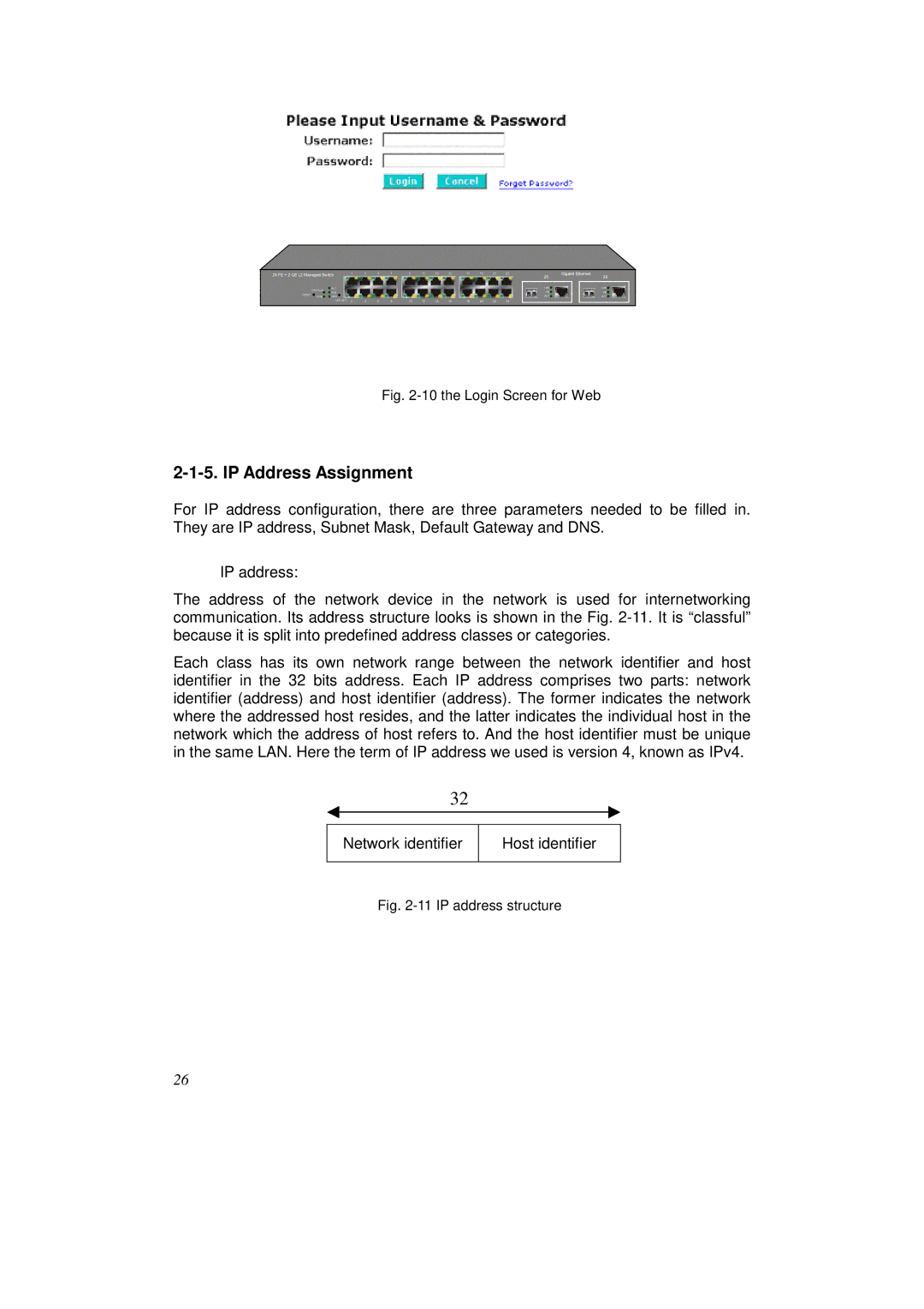 KTI Networks KS-2262 user manual IP Address Assignment, the Login Screen for Web 