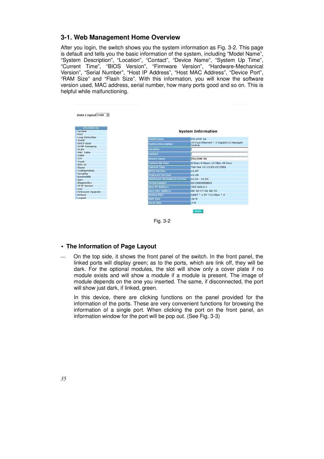 KTI Networks KS-2262 user manual Web Management Home Overview, Information of Page Layout 