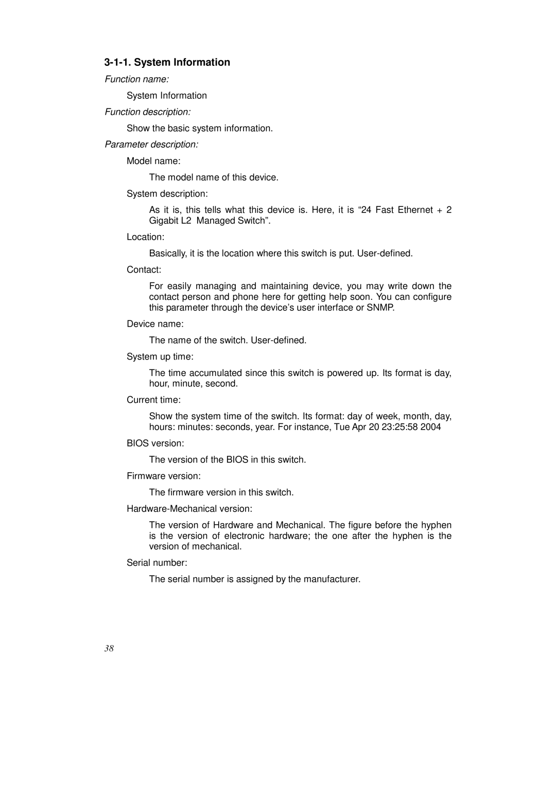 KTI Networks KS-2262 user manual System Information, Parameter description 