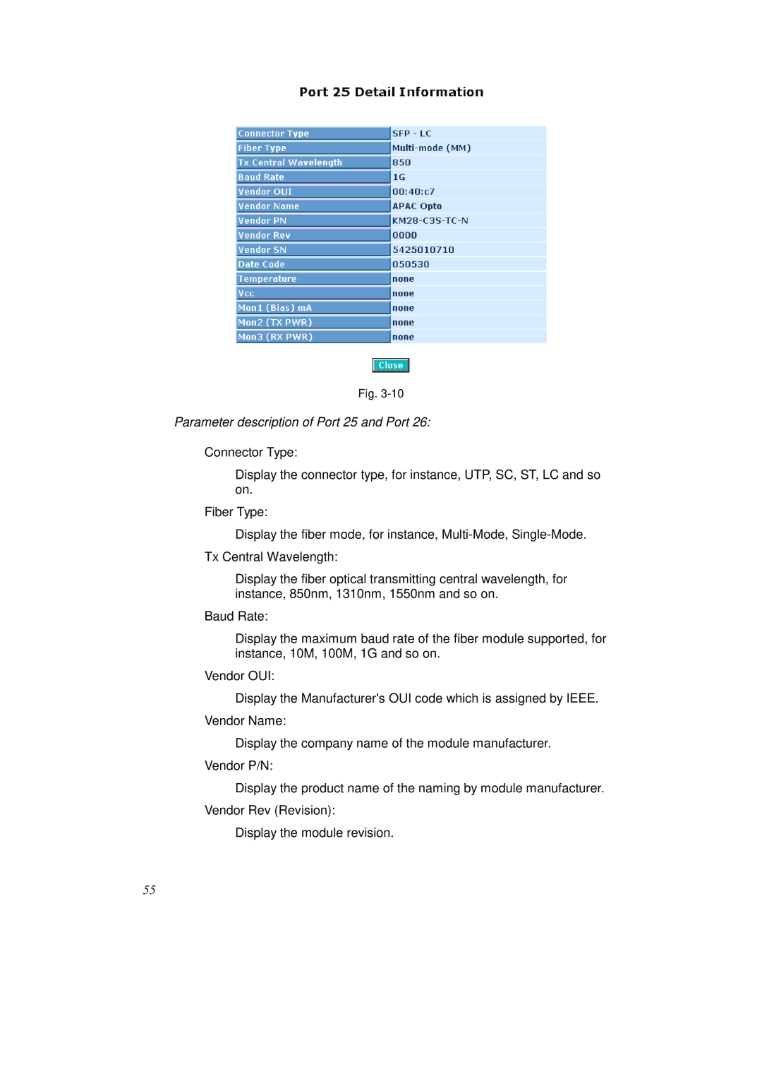 KTI Networks KS-2262 user manual Parameter description of Port 25 and Port 