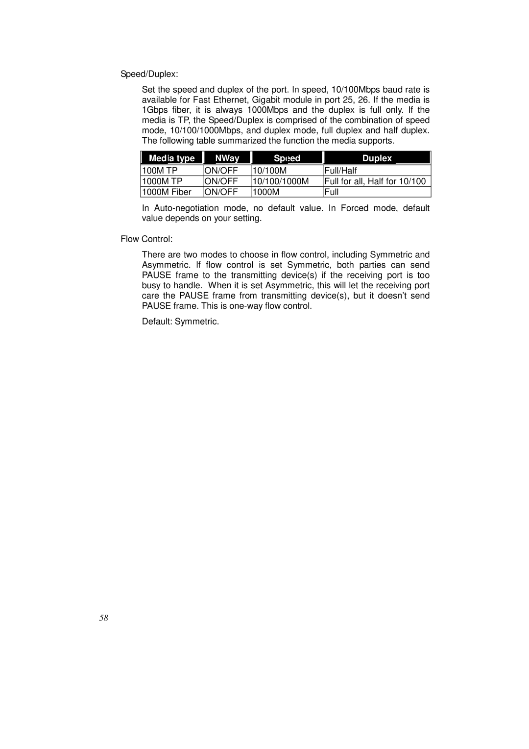 KTI Networks KS-2262 user manual Media type NWay Speed Duplex 