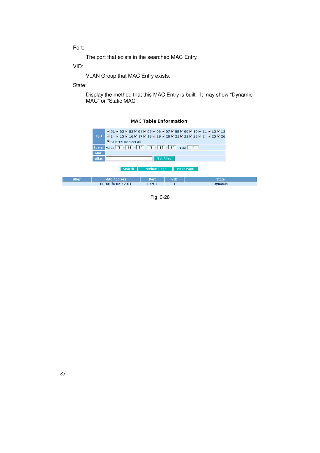 KTI Networks KS-2262 user manual Port Port that exists in the searched MAC Entry 