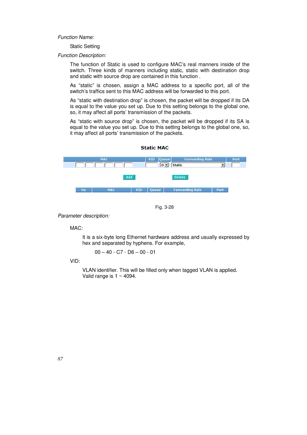 KTI Networks KS-2262 user manual Static Setting 