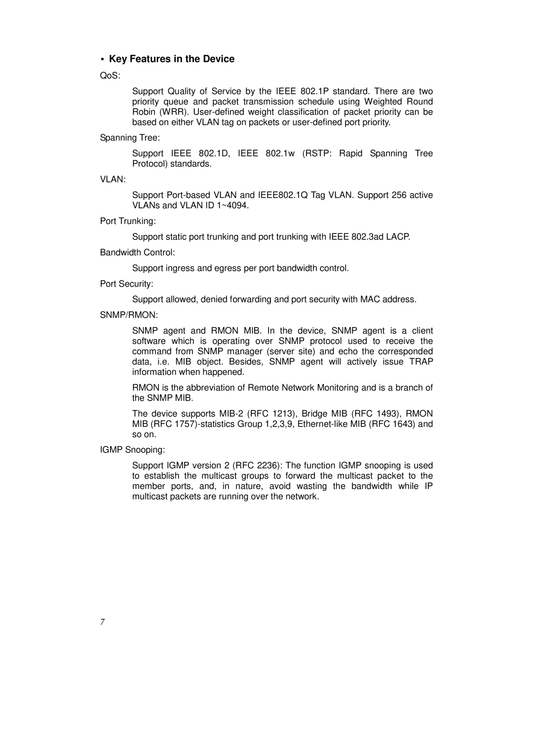 KTI Networks KS-2262 user manual Key Features in the Device, Vlan 