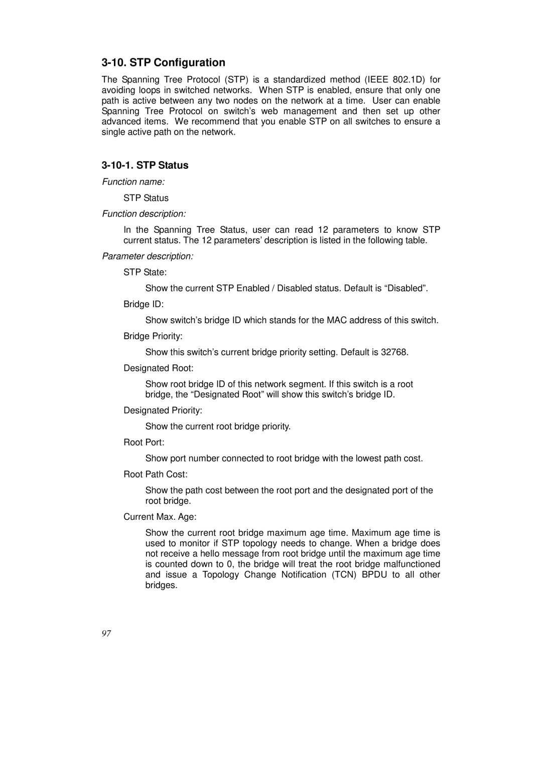 KTI Networks KS-2262 user manual STP Configuration, STP Status 