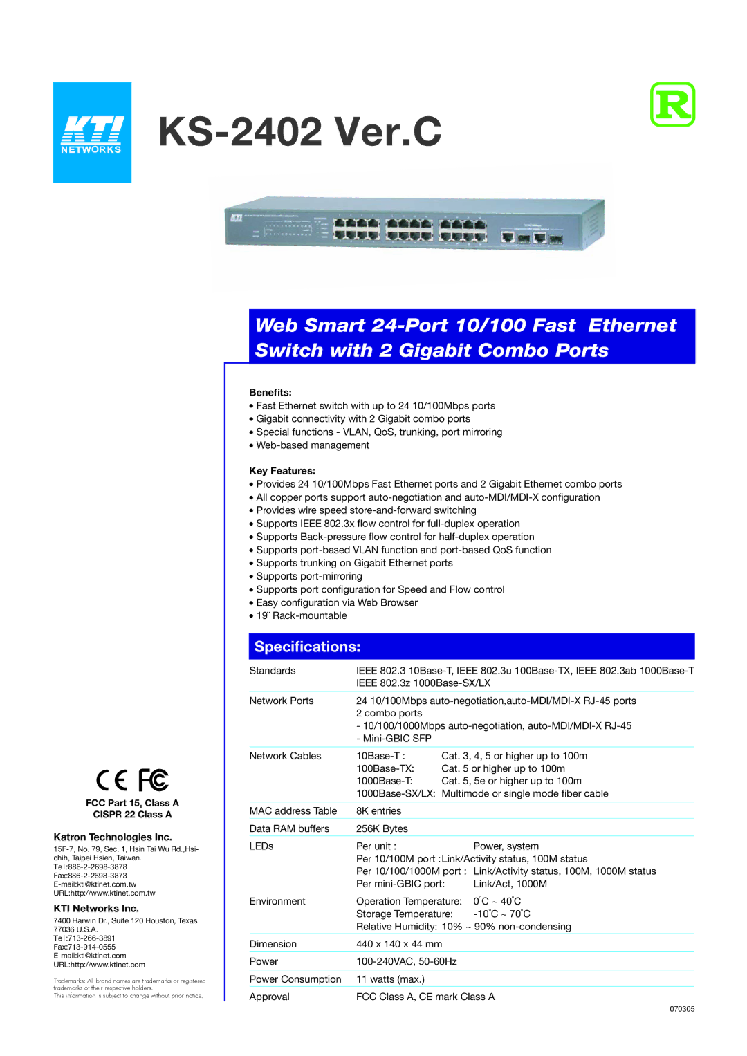 KTI Networks specifications KS-2402 Ver.C, Specifications 