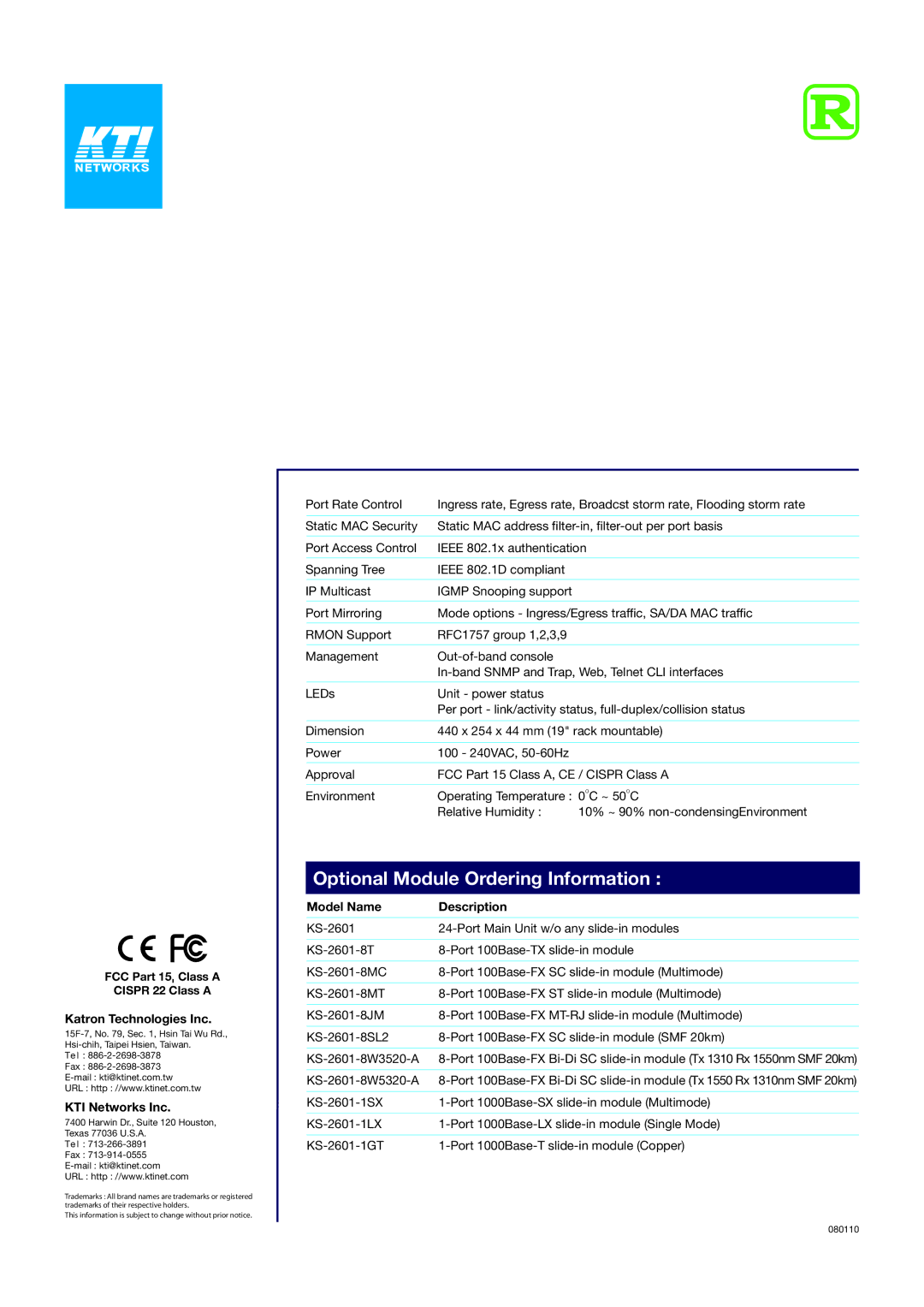 KTI Networks KS-2601 specifications Optional Module Ordering Information, Katron Technologies Inc, KTI Networks Inc 