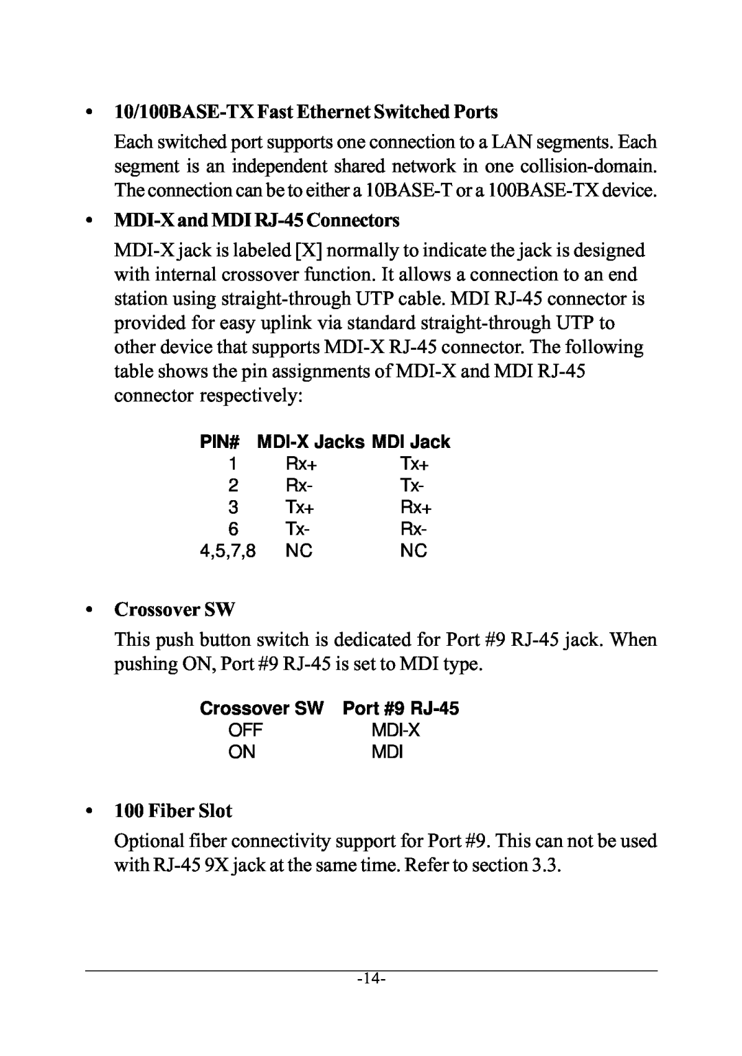 KTI Networks KS-801 manual Pin#, MDI-X Jacks MDI Jack, Crossover SW, Port #9 RJ-45 