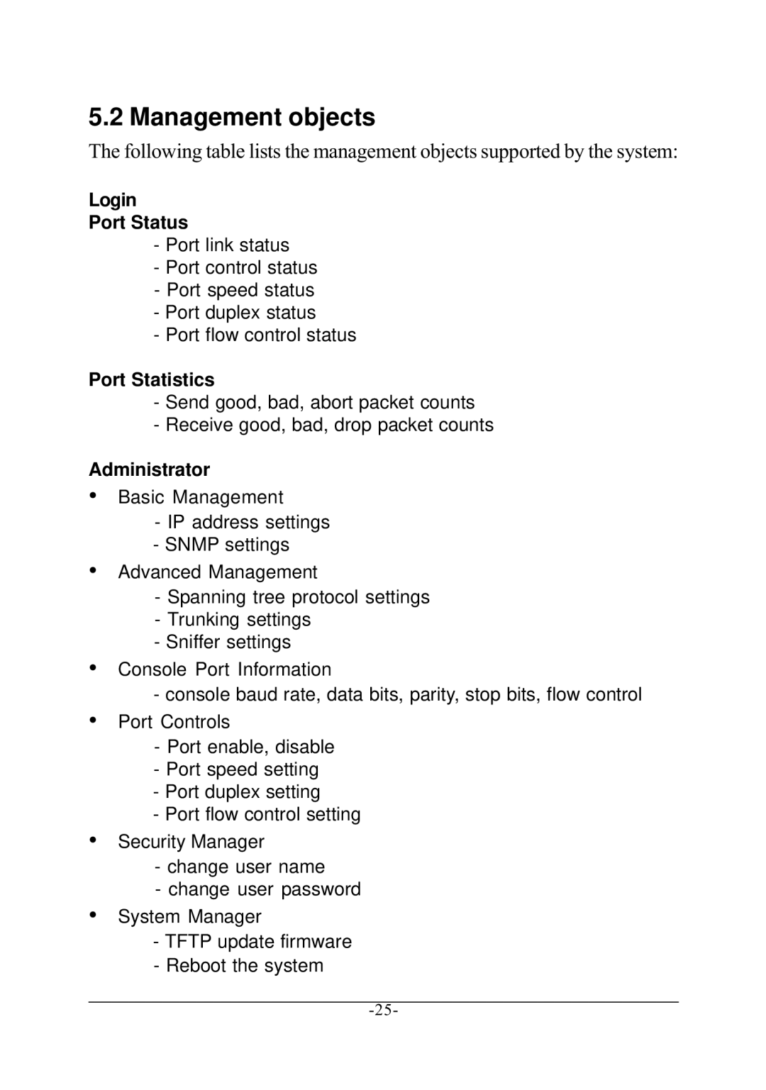 KTI Networks KS-801 manual Management objects, Login Port Status 