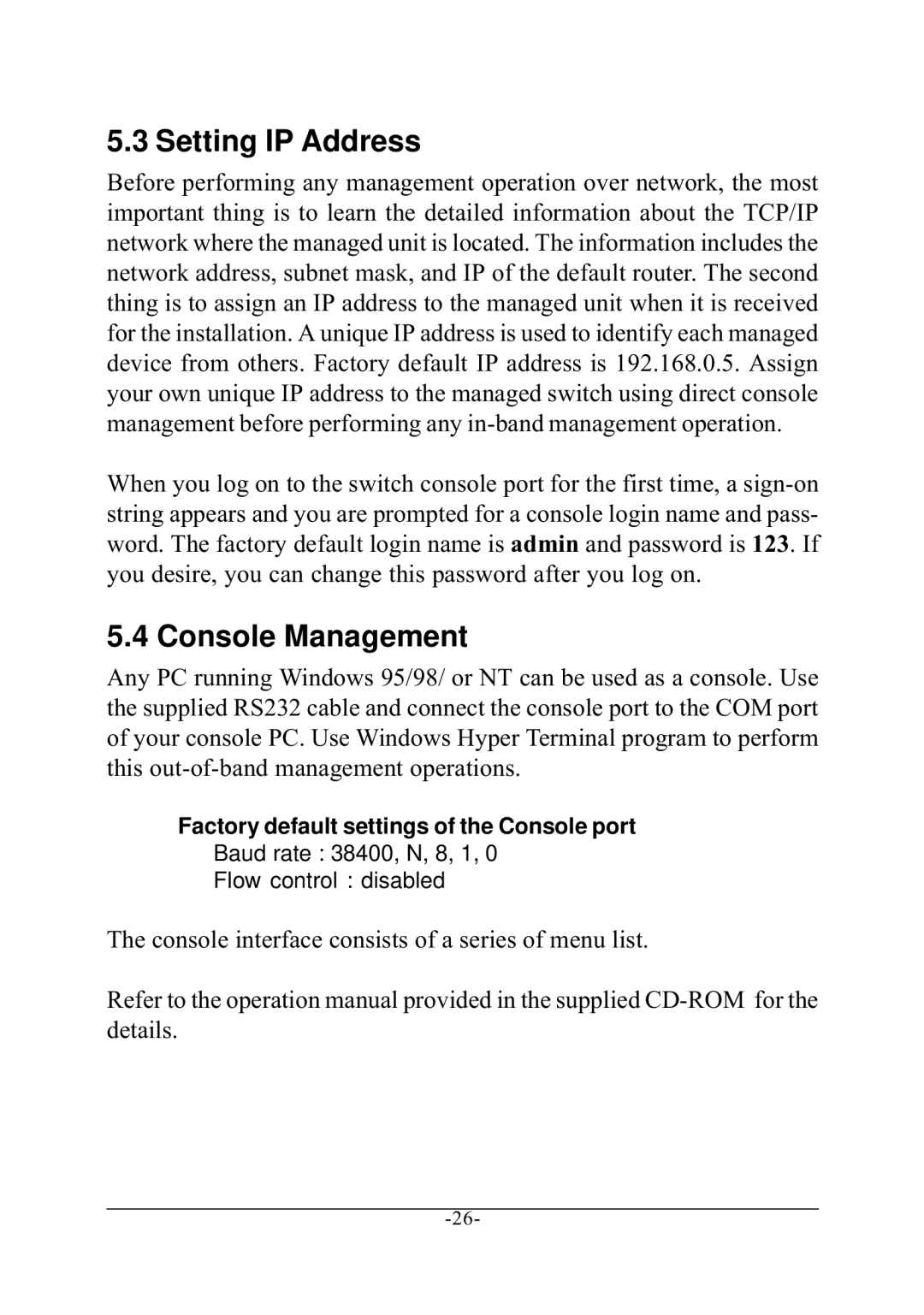 KTI Networks KS-801 manual Setting IP Address, Console Management, Console interface consists of a series of menu list 