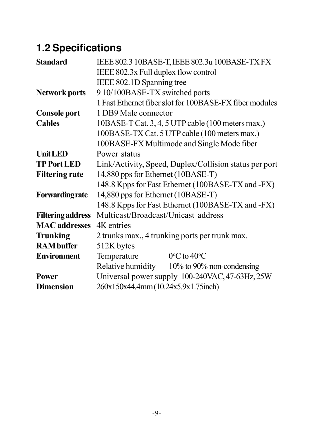 KTI Networks KS-801 manual Specifications 