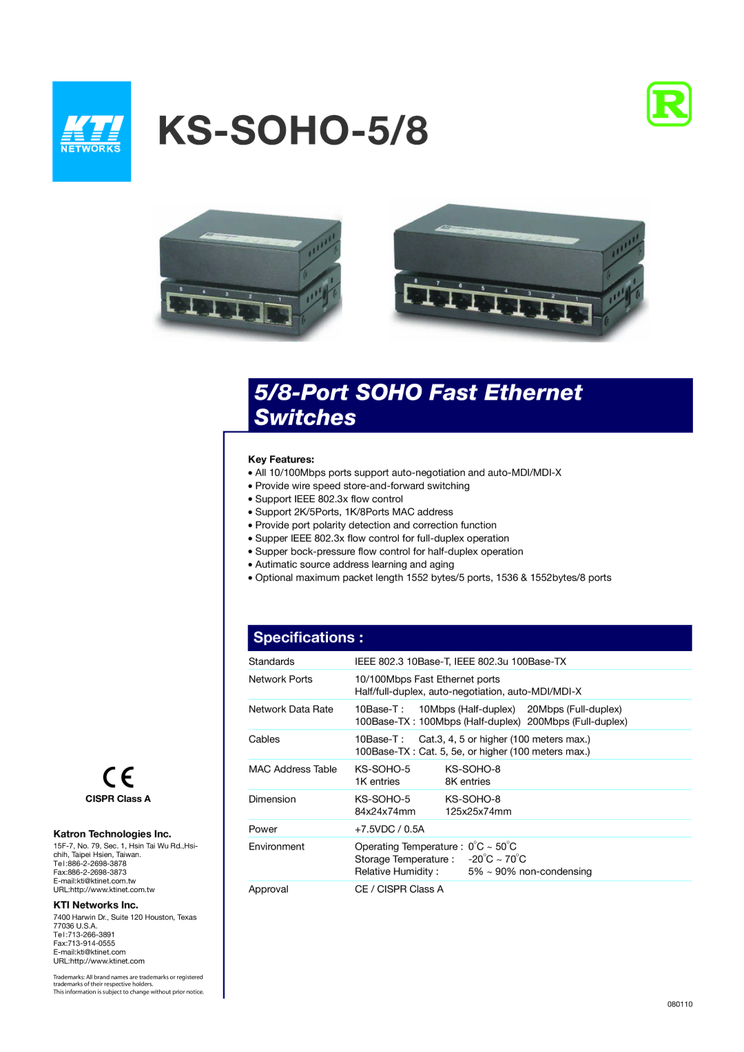 KTI Networks KS-SOHO-8 specifications KS-SOHO-5/8, Port Soho Fast Ethernet Switches, Specifications 