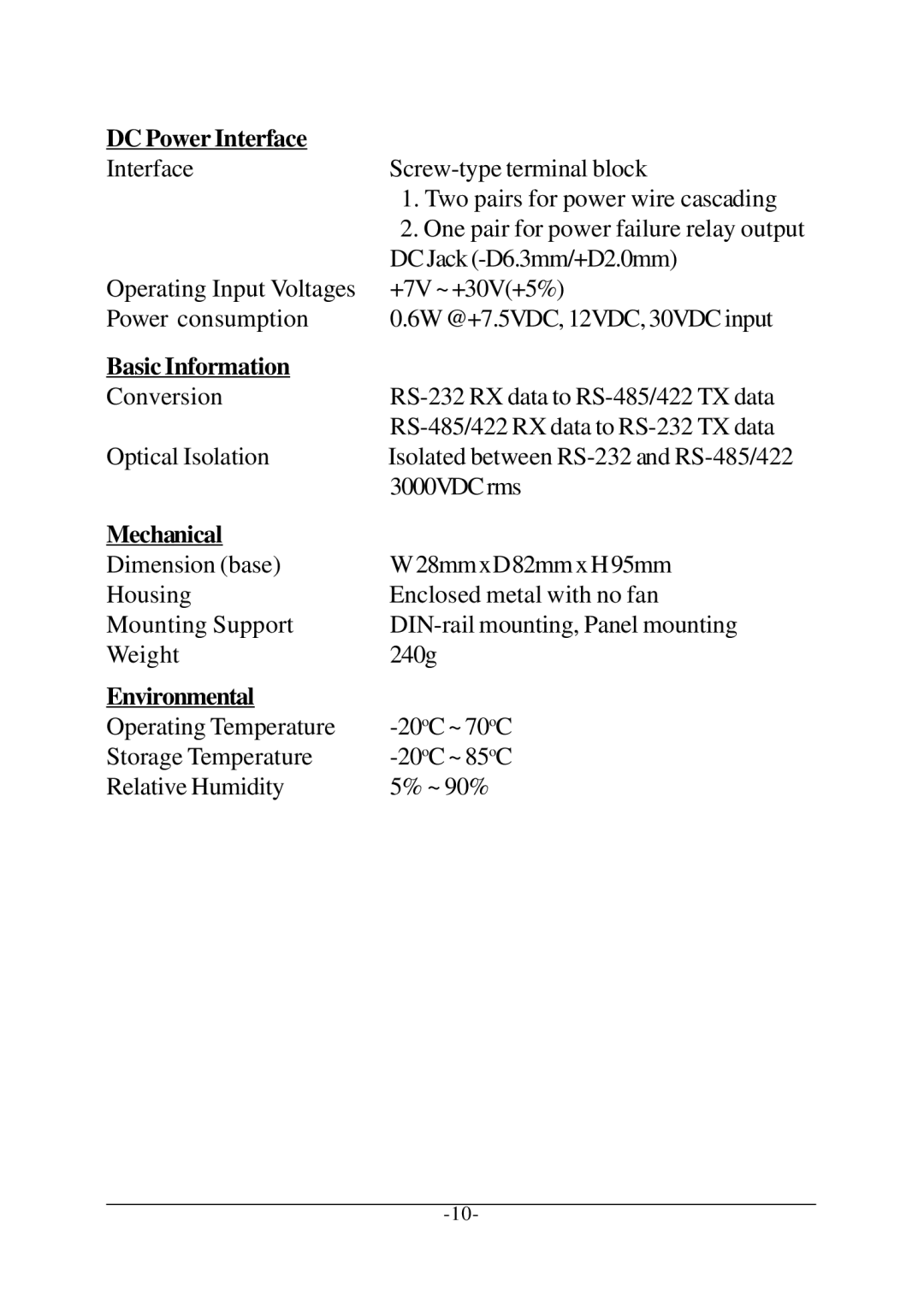 KTI Networks KSC-240 manual DC Power Interface, Basic Information, Mechanical, Environmental 