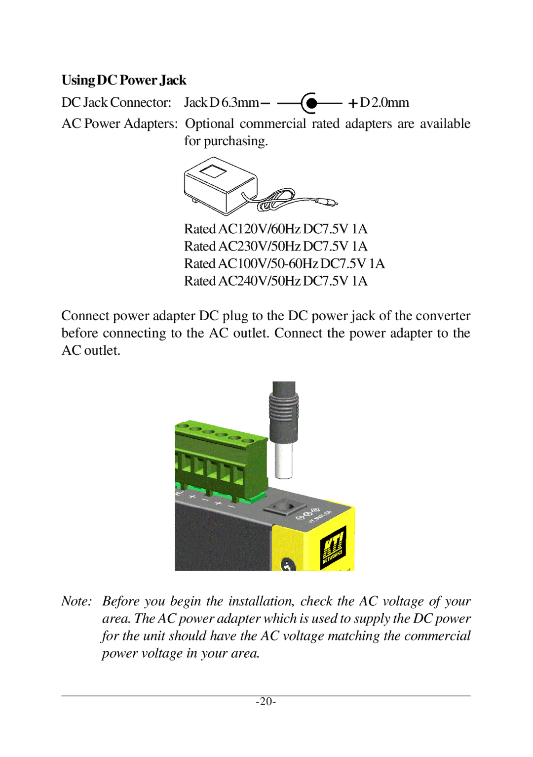 KTI Networks KSC-240 manual UsingDC Power Jack 