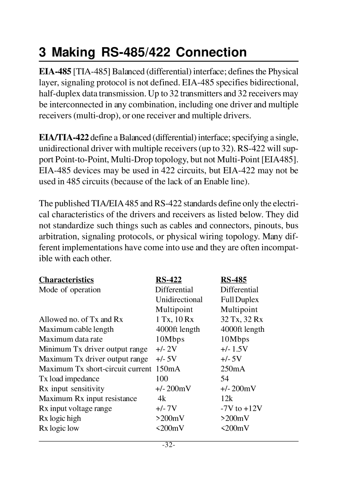 KTI Networks KSC-240 manual Making RS-485/422 Connection, Characteristics RS-422 RS-485 