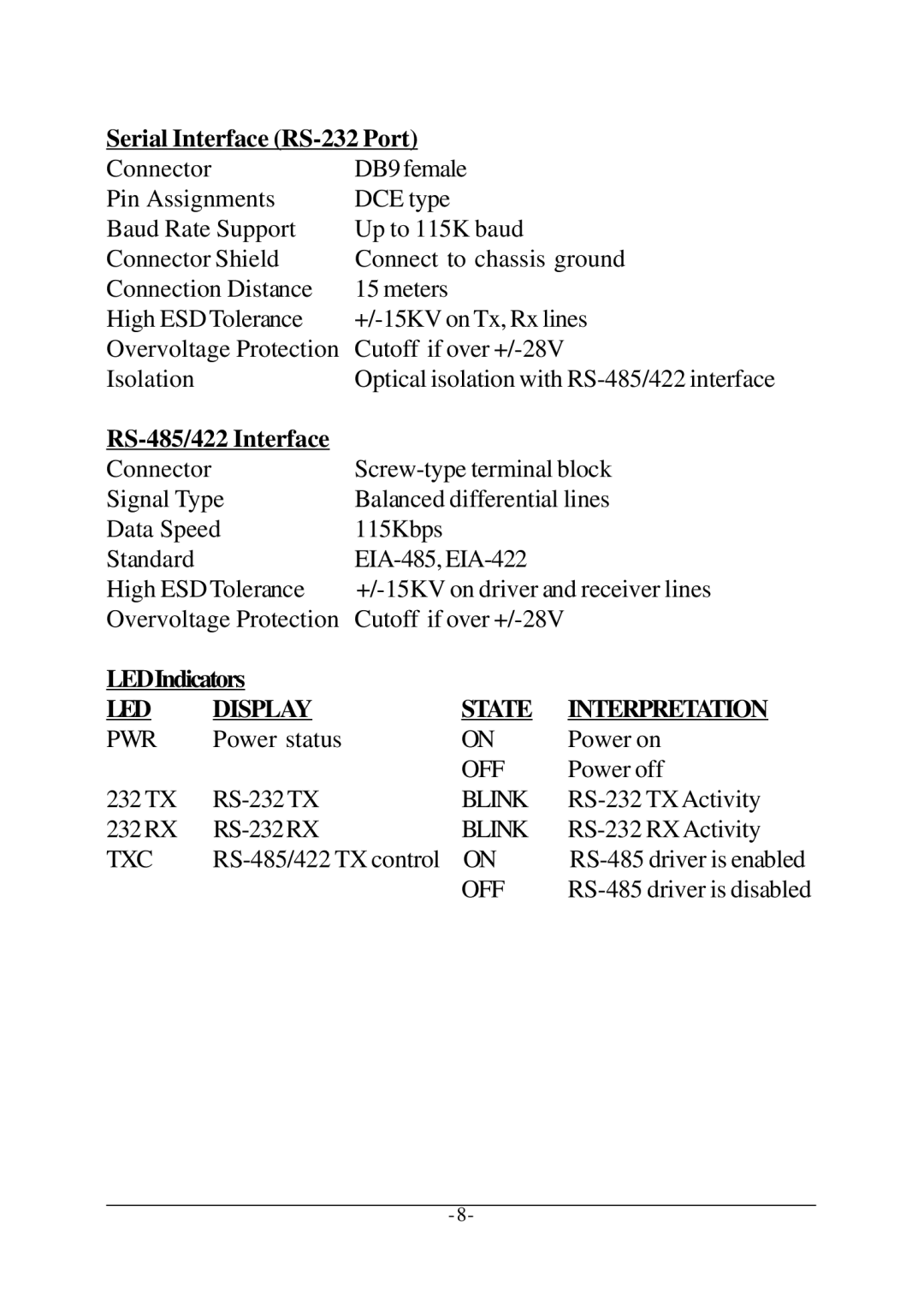 KTI Networks KSC-240 manual Serial Interface RS-232 Port, RS-485/422 Interface, LEDIndicators 