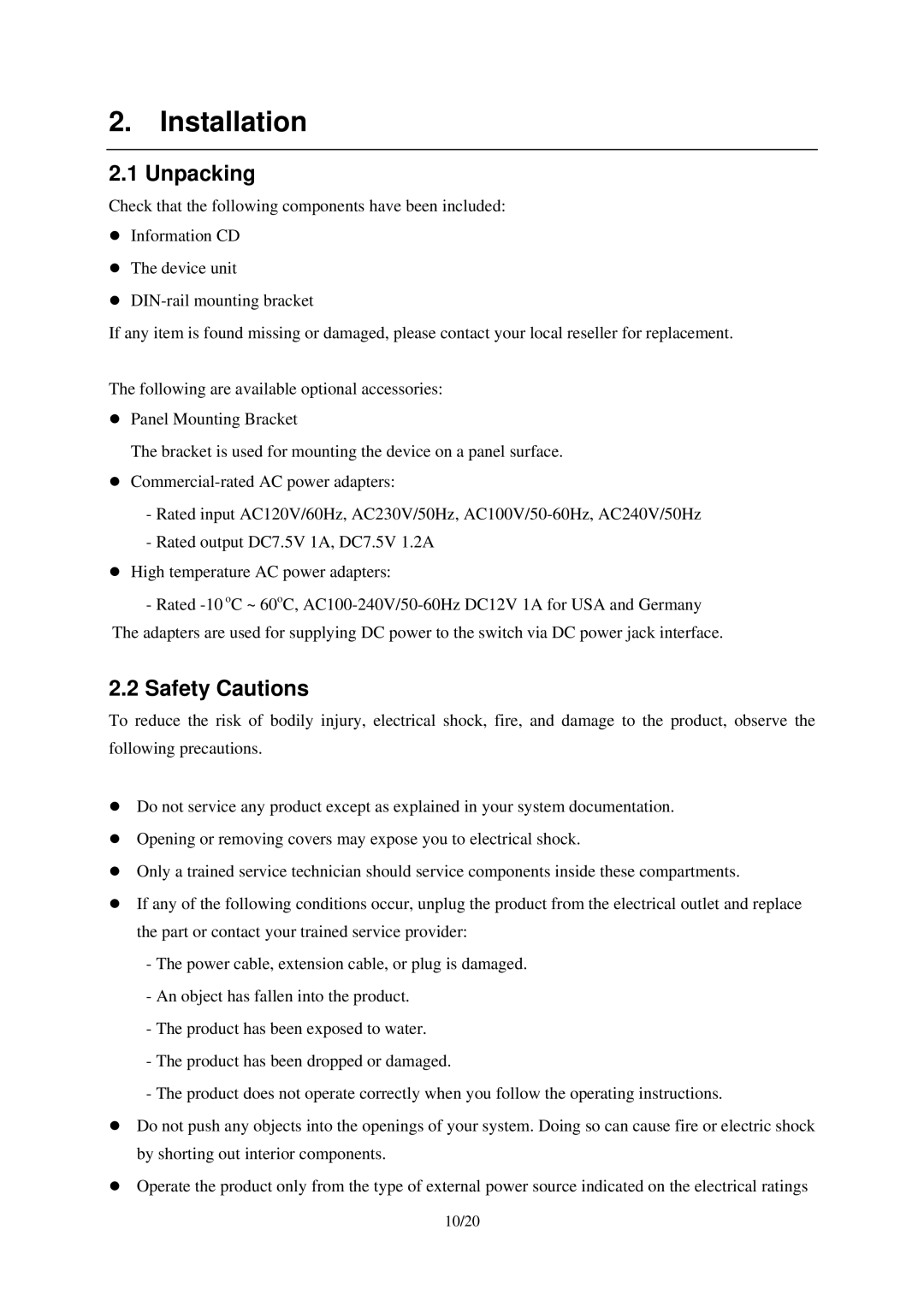 KTI Networks KSD-103-B Series, KSD-103-A Series manual Installation, Unpacking, Safety Cautions 