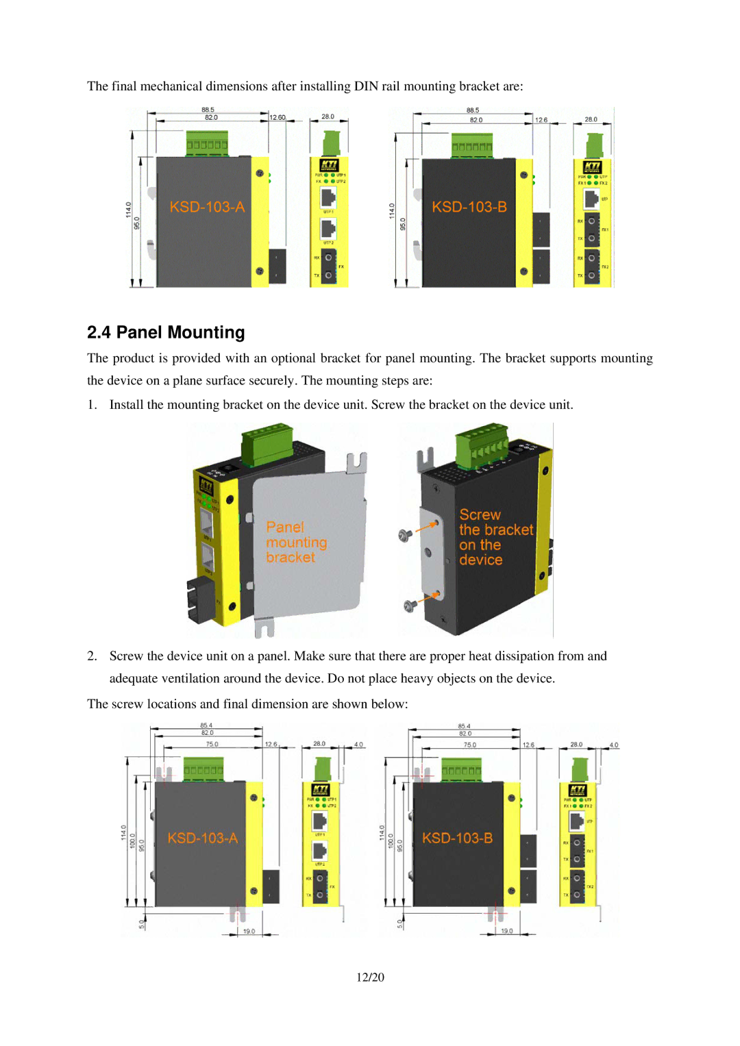 KTI Networks KSD-103-B Series, KSD-103-A Series manual Panel Mounting 