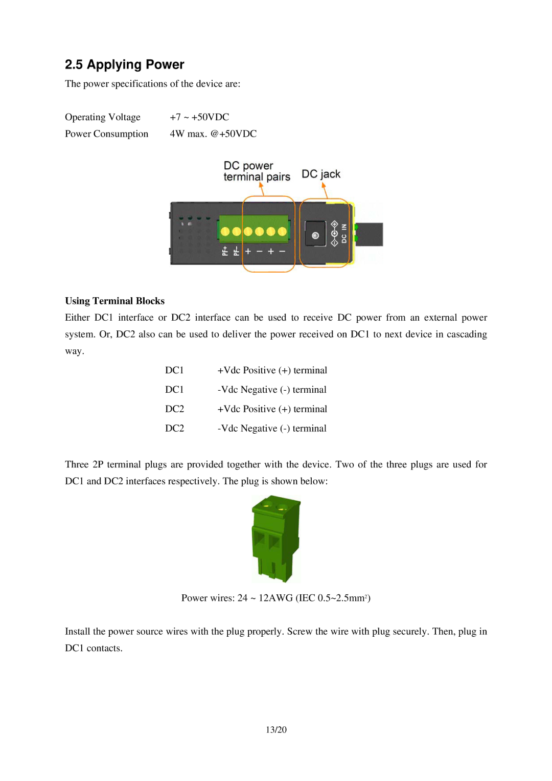 KTI Networks KSD-103-A Series, KSD-103-B Series manual Applying Power, Using Terminal Blocks 