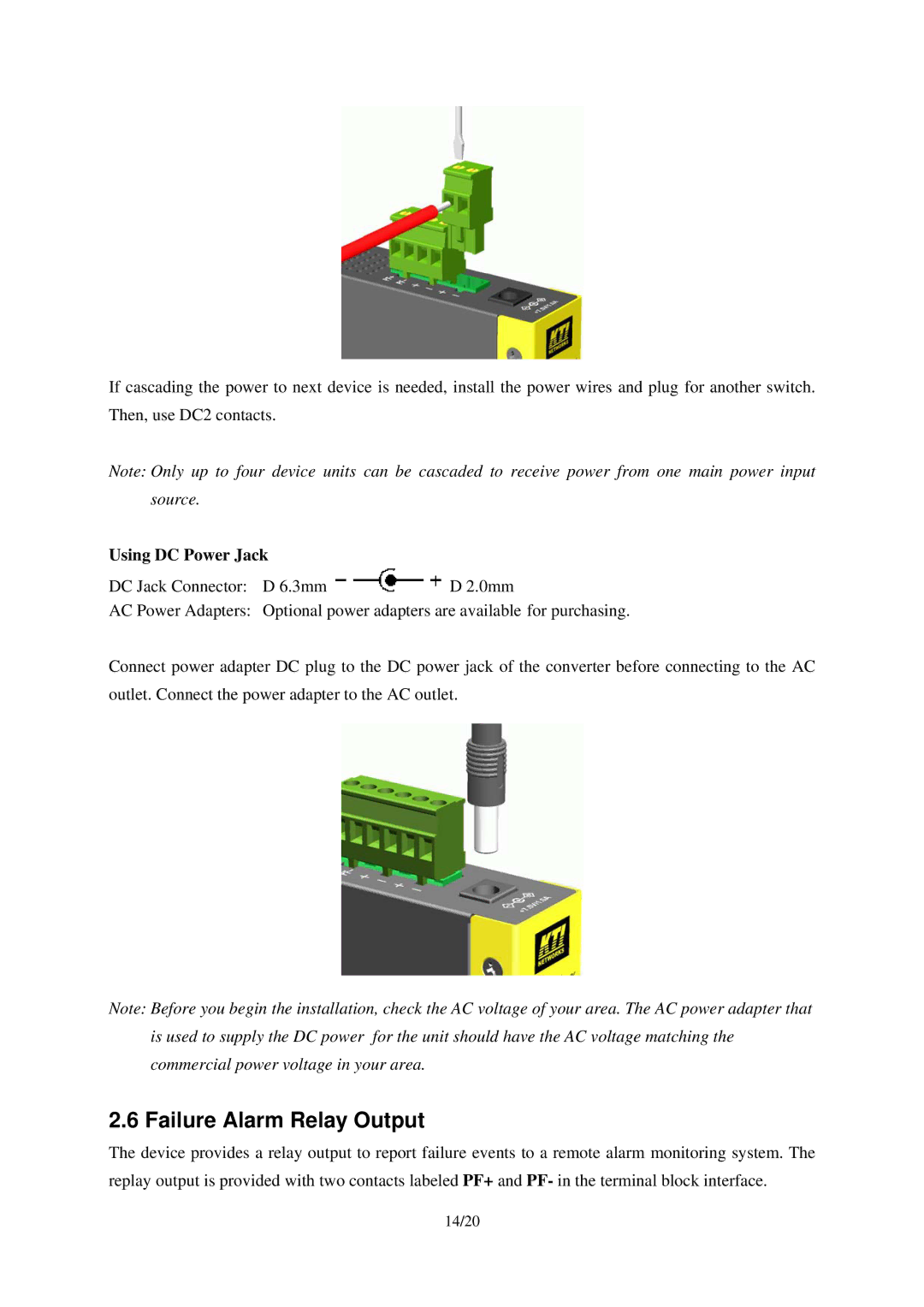 KTI Networks KSD-103-B Series, KSD-103-A Series manual Failure Alarm Relay Output, Using DC Power Jack 