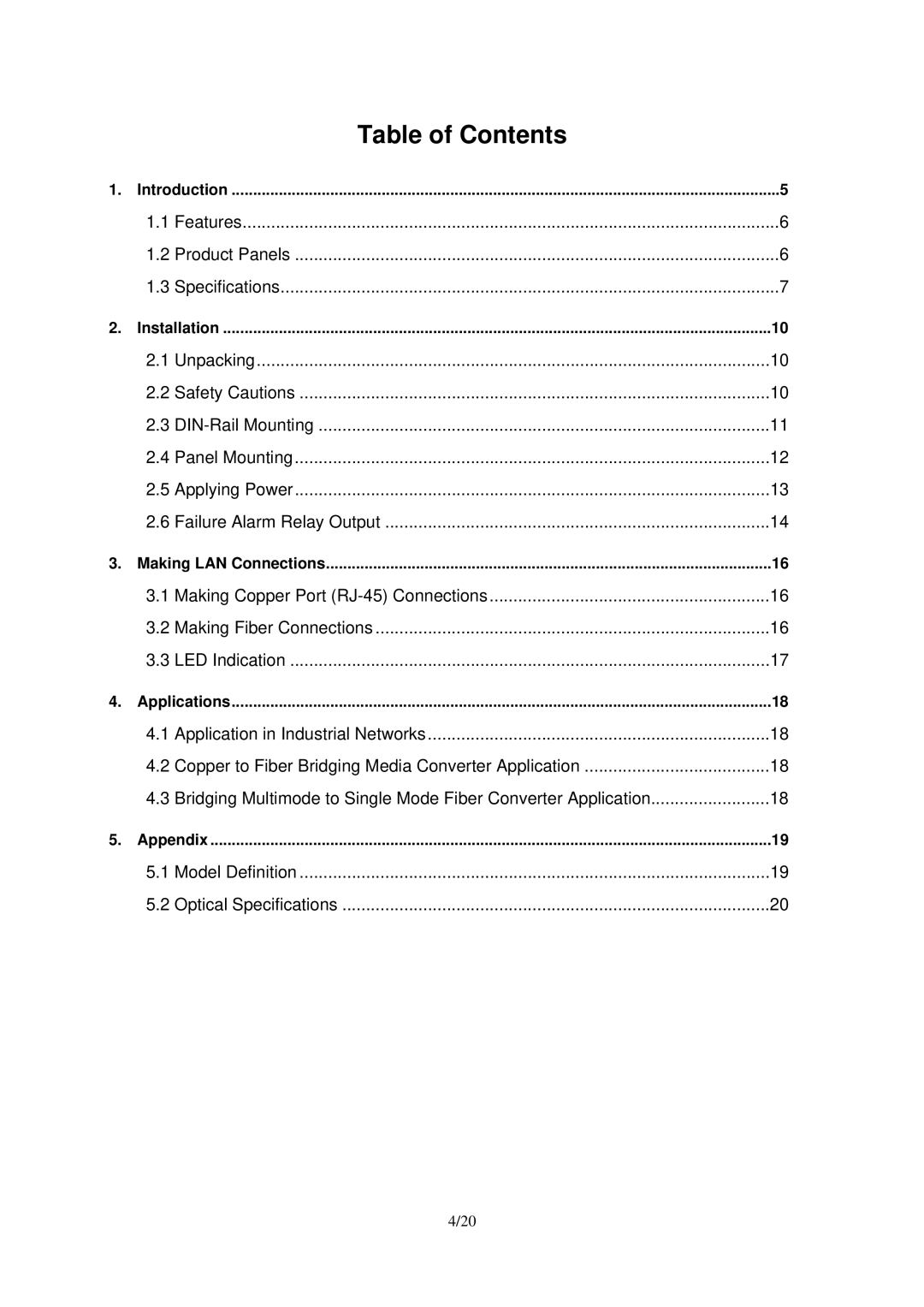 KTI Networks KSD-103-B Series, KSD-103-A Series manual Table of Contents 