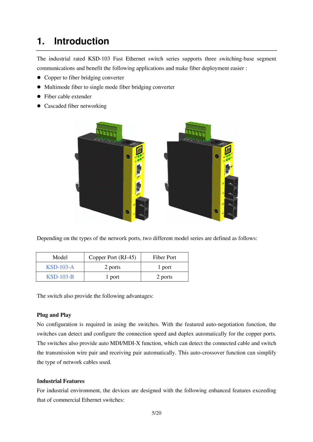 KTI Networks KSD-103-A Series, KSD-103-B Series manual Introduction, Plug and Play, Industrial Features 